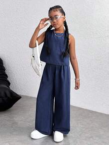 Tween Girl Casual Washed Backless Tie Denim Vest And Jeans Set, Girls Jean Two Piece Set, Kids Denim Outfit, Tween Girls, Teen Girls, Baby Blue, Girls Denim Two Piece Set, Two Piece Denim Set Girls, Teen Girl 2 Piece Set - Dark Wash - View 5