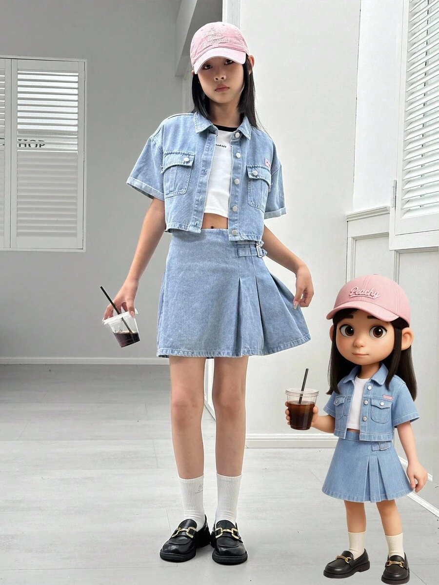 توصية ملابس للفتيات المراهقات في الصيف بطراز كوري رجعي أنيق وجذاب: ملابس علوية جينز قصيرة الأكمام واسعة الكتف مع جيب وتنورة جينز مطوية قصيرة، مناسبة للخروجات اليومية والمواعيد والتجمعات غير الرسمية وعطلات الشاطئ