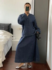 DAZY Women's V-Neck Hooded Top And Loose Denim Skirt Set, Summer - Blue - View 3