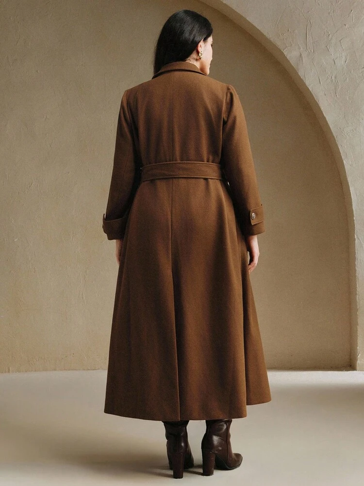 Plus Size Women's Elegant Double-Breasted Belted Lapel Long Overcoat, Winter