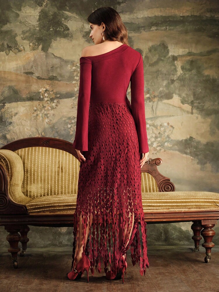 Anewsta Women's Wine Red Christmas Knitted Asymmetric Design Splice Lace Fitted High Waist Bodycon Dress, Autumn/Winter, Christmas, Fall, New Year, Party, Wedding, Elegant, Chic, Stylish, Evening Gown - Burgundy - View 5