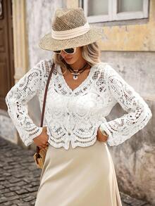 Brillora 女士宽松针织开衫、长袖、沙滩装 - 白色 - 查看 3