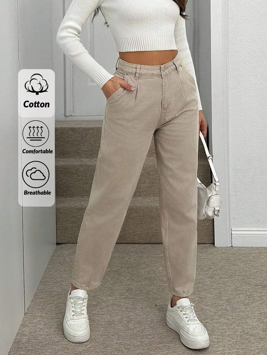 EURMUSE Women's Casual Front Button Pocket Simple Denim Pants, Daily Wear - Beige - View 1