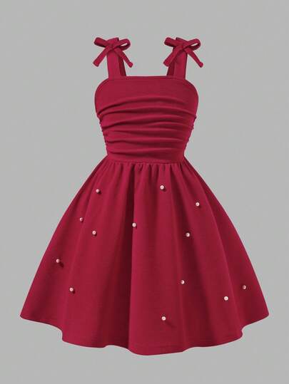 Elladie kids Young Girl' Cute Sleeveless Ruched Bow Decor Midi Dress, Red, Elegant & Casual For Summer, Party, Wedding