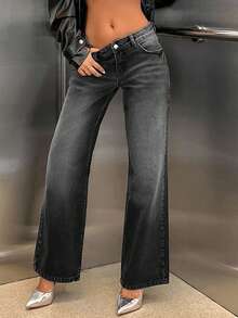 EURMUSE 100% 纯棉低腰直筒剪裁深灰色 Y2K 风格女式牛仔裤 - 淺灰色 - 查看 6