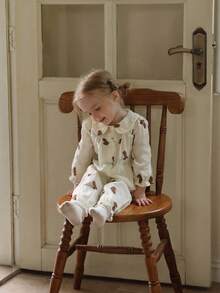 Vintaside Kids 女婴熊印花彼得潘领T恤和裤子 - 杏色 - 查看 5