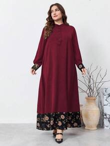 Al Najma 大码女式花卉印花纽扣前长袖宽松休闲连衣裙，休闲端庄束腰长裙，适合旅行/休闲/居家/度假 - 彩色 - 查看 3