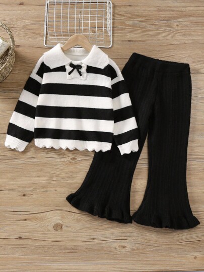 Young Girls' Sweater Two Pieces Set, Fashionable Striped Slim-Fit Knitted Top With Ruffled Textured Knitted Pants, Suitable For Home Wear, Daily Outings And Travel, Also Suitable For Autumn And Winter Seasons, Outdoor Clothing, Stylish, Casual, Cute, Comfortable, Soft And Simple.