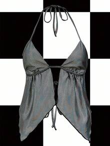 Y2Kool Women's Metallic Plaid Foil Print Backless Halter Top, Suitable For Party, Holiday, Evening Event Checkered Casual Stylish Collection New Year - Silver - View 6