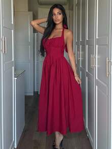 Ronhire Vestido feminino com decote halter e laço franzido, trajes de festa femininos em vermelho, trajes de véspera de Ano Novo, vestido de baile de máscaras, trajes de aniversário femininos, vestido vermelho sexy, vestido com laço, vestido de princesa feminino para o Ano Novo - Vermelho - Ver 1