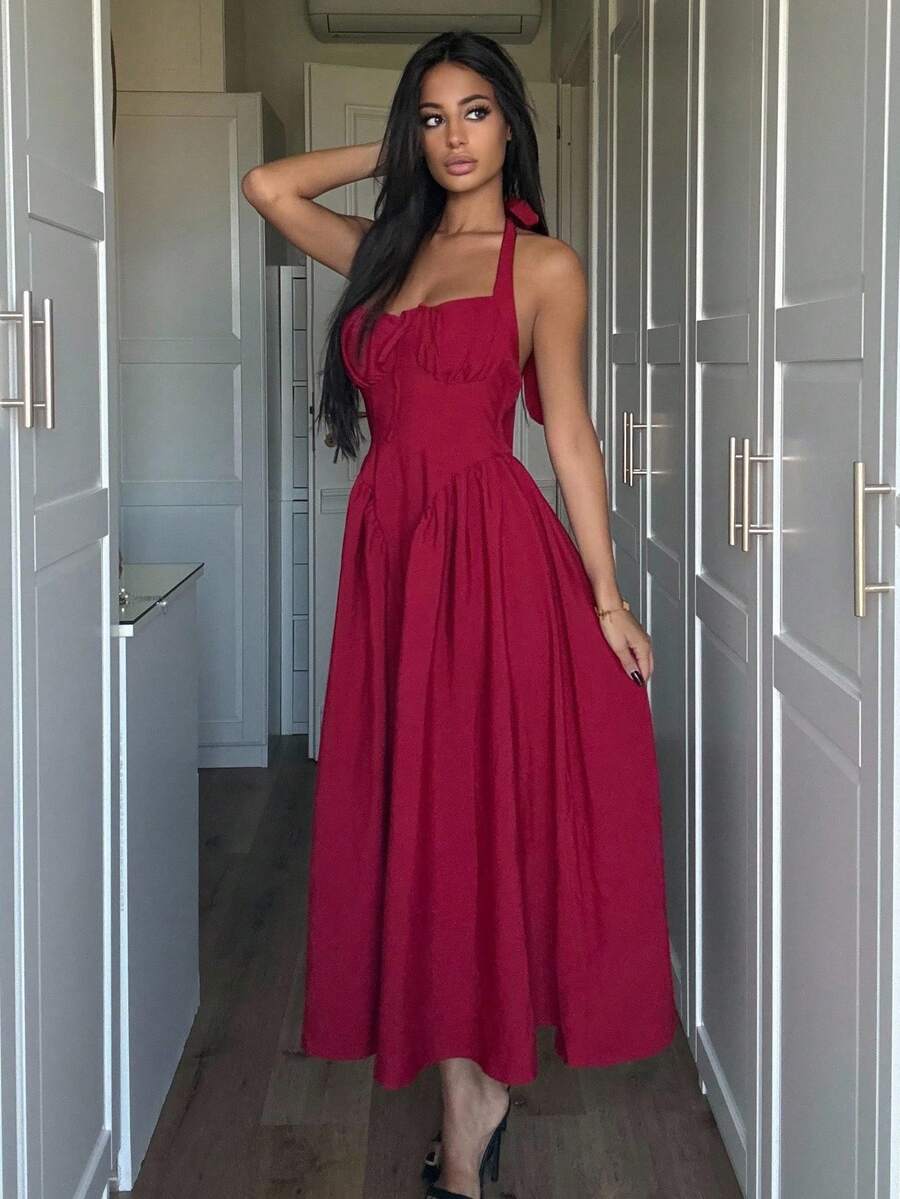 Ronhire Vestido feminino com decote halter e laço franzido, trajes de festa femininos em vermelho, trajes de véspera de Ano Novo, vestido de baile de máscaras, trajes de aniversário femininos, vestido vermelho sexy, vestido com laço, vestido de princesa feminino para o Ano Novo - Vermelho - Ver 1