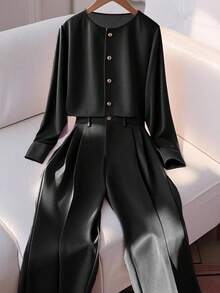 Franclia 2pcs Women's Fashion Elegant Round Neck Long Sleeve Shirt & Casual Pants Set Fall Cloth For Women Women Black Pantsuit Black Pants Suit Women Black Pants Set Women Women Black Suit Black Suit Set Women - Black - View 1