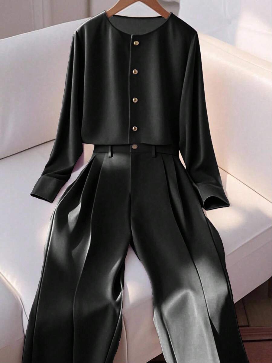 Franclia 2pcs Women's Fashion Elegant Round Neck Long Sleeve Shirt & Casual Pants Set Fall Cloth For Women Women Black Pantsuit Black Pants Suit Women Black Pants Set Women Women Black Suit Black Suit Set Women - Black - View 1
