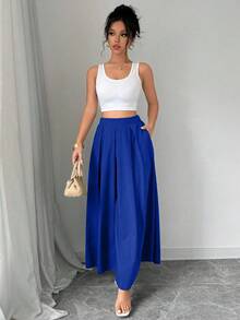 SHEIN Tall 优雅纯色高腰裙，适合通勤高腰超长裙女式超长裙长蓝色裙子皇家蓝超长裙蓝色超长裙 - 藍色 - 查看 6