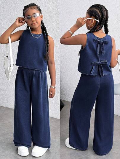 青少年女孩休闲水洗露背系带牛仔背心和牛仔裤套装