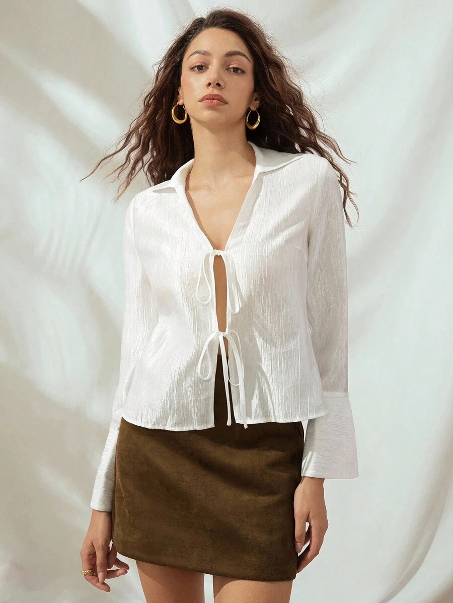 Chiquease Women's Autumn Turndown Collar Raglan Shirt, Front Slit Opening, Bowknot Tie Effect, Textured Woven Fabric, Casual Style Fall Cloth For Women - White - View 1