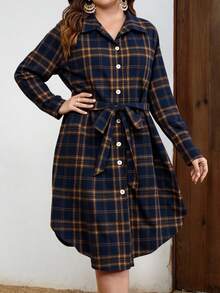EMERY ROSE Plus Size Casual Plaid Front Button Down Shirt Dress, Winter Dresss