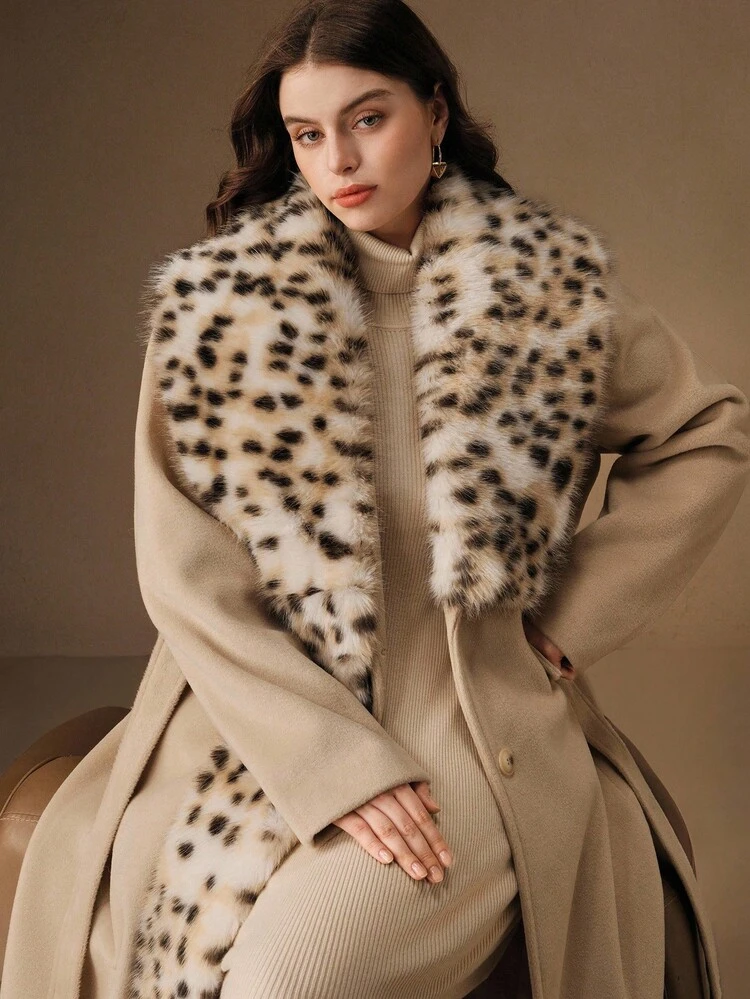 Abrigo largo de mujer talla grande con cuello de piel sintética de estampado animal desmontable, cintura ceñida, adecuado para otoño, invierno, Año Nuevo, elegante, chic, con estilo, Navidad, salir