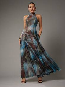 Hauture Women's Sexy Abstract Print Halter Summer Vacation Beach Elegant Maxi Dress - Multicolor - View 5