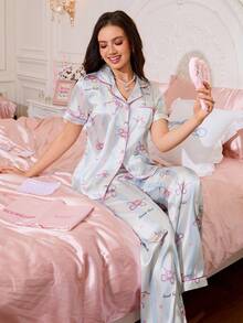 SweetSlumber 仿丝蝴蝶结条纹印花开衫睡衣套装 - 藍色 - 查看 3