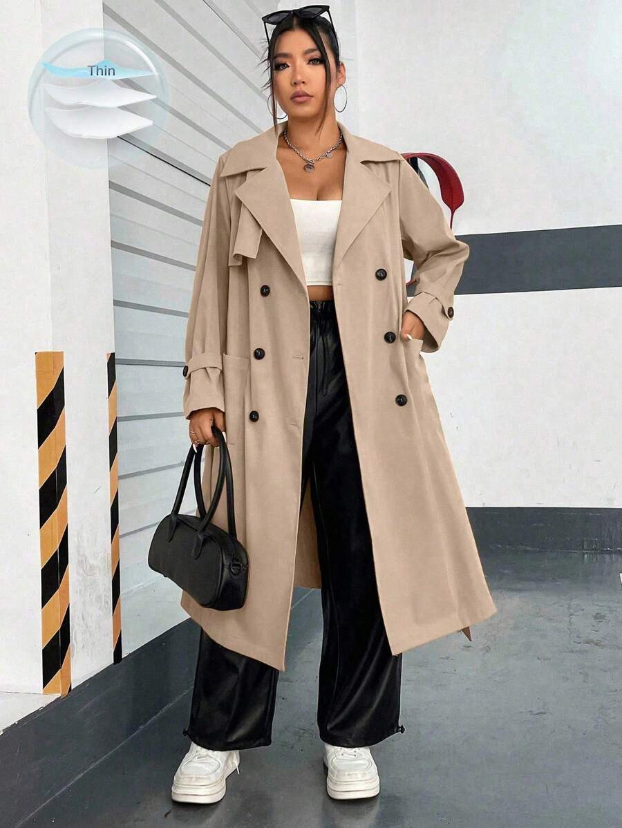 Sweetra Plus Double Breasted Belted Trench Coat Fall Winter Cloth For Women Autumn