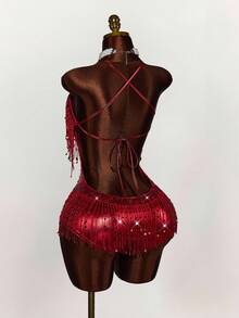 Amplova Halloween COS Sequin Tassel Backless Bandage Jumpsuit,Party Dresses For Women - Red - View 2