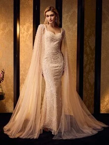 MOTF Soiréza BEADED & FAUX PEARL DETAIL SWEETHEART NECK EVEN DRESS - Champagne - View 5