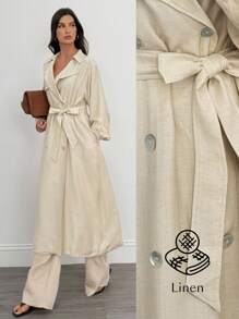 SHEIN Tall Áo khoác trench coat hai hàng khuy trơn màu dành cho nữ năm 2025, phong cách thường ngày, rộng rãi và thoải mái, phong cách unisex cho mùa thu/đông - Màu Khaki - Xem 1
