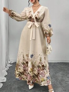 Modelyn Đầm dài họa tiết hoa thanh lịch cỡ lớn, thích hợp để đi làm - Màu be - Xem 4