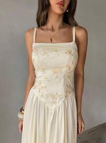 Aloruh Women's Elegant Mesh Embroidered Patchwork Waist Flared Satin Solid Maxi Dress, Beige - Apricot - View 8