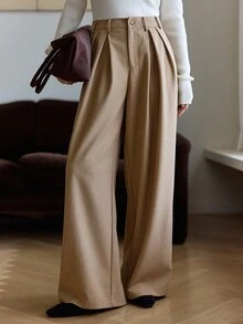 DAZY 女士褶裥宽松休闲裤，都市休闲商务裤装 - 卡其色 - 查看 1