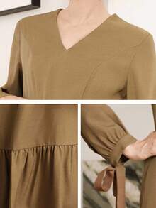 Uhlyne Women's Vintage V-Neck Commuter Dress, Old Money Style, Basic V-Neck Long Sleeve Fitted Sexy Elegant Pleated Hem With Zipper Fall Cloth For Women