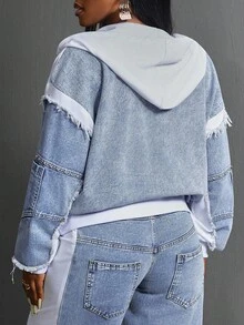 Slaydiva 大码女式休闲连帽拉链长袖宽松牛仔夹克 - 藍色 - 查看 3
