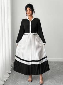Elenzga Women's Elegant Long Sleeve Black & White Color Block Pleated Dress Fall Cloth For Women