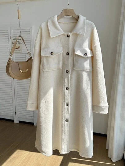 SHEIN EZwear 秋冬大码休闲百搭人造毛皮长款大衣