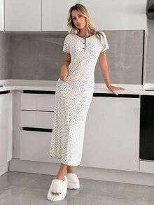 EURMUSE Women High Quality Viscose Fabric With Contrast Binding Detail Floral Pattern Short Sleeve Long Homewear Sleep Pajama Dress - White - View 3