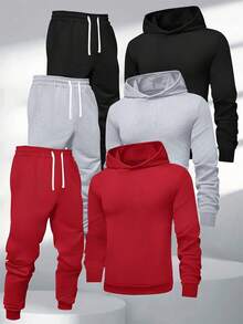 SHEIN 6 件套青少年男童休闲运动连帽衫和运动裤套装，百搭百搭服装，适合秋冬季、休闲、运动、户外、学校 - 彩色 - 查看 7