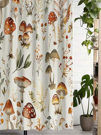SHEIN Ultimat vattentätt duschdraperi med svamp- och växttryck - Inkluderar 12 krokar - Maskintvättbar - Konstnärlig design - Polyestermaterial - Vävt tyg Badrumsinredning Höstdekor Badrumstillbehör Tillbaka till skolan