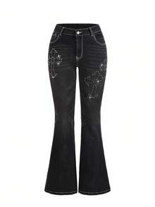 Shutterstock Y2Kool 女士十字绣水钻做旧牛仔裤，秋冬街头风，万圣节，Y2K风格牛仔裤，十字绣牛仔裤，印花牛仔裤，水钻牛仔裤，喇叭牛仔裤，搭配建议，休闲时尚服装系列，新年穿搭，棉质 - 黑色 - 查看 6