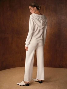 MOTF PREMIUM HOODED HALF ZIPPER TOP & PANTS SWEATER CO-ORD - White - View 4