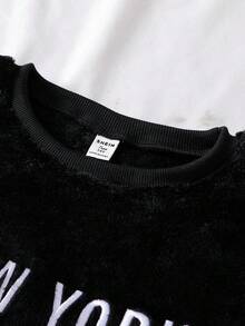 青少年男孩黑色羊毛长袖上衣和裤子睡衣套装，休闲英文和数字刺绣家居服，秋冬 - 黑色 - 查看 4