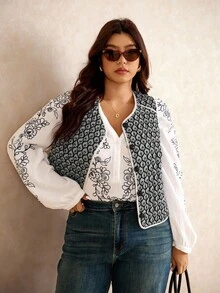 Elaquor Chaleco informal de mujer de talla grande con patrón geométrico y abotonadura sencilla, para invierno - Multicolor - Ver 3
