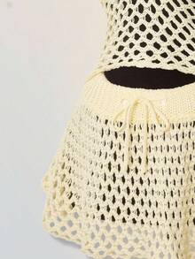 SHEIN ICON Bộ 2 áo len hở lưng họa tiết hoa trang trí bãi biển mùa thu/đông - Màu be - Xem 7