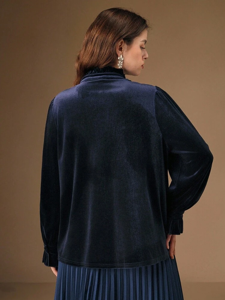Valentine Plus Size Women Navy Blue Velvet Long Sleeve Ruffle Collar Embroidered Blouse