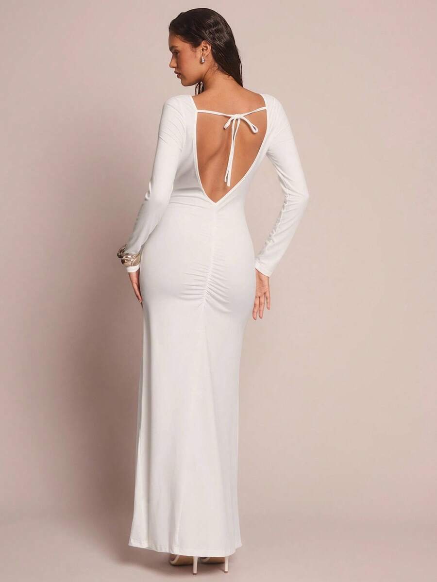Đầm dự tiệc cocktail tay dài xếp ly hở lưng mới của Glamine dành cho nữ mùa thu, thanh lịch - trắng - Xem 1