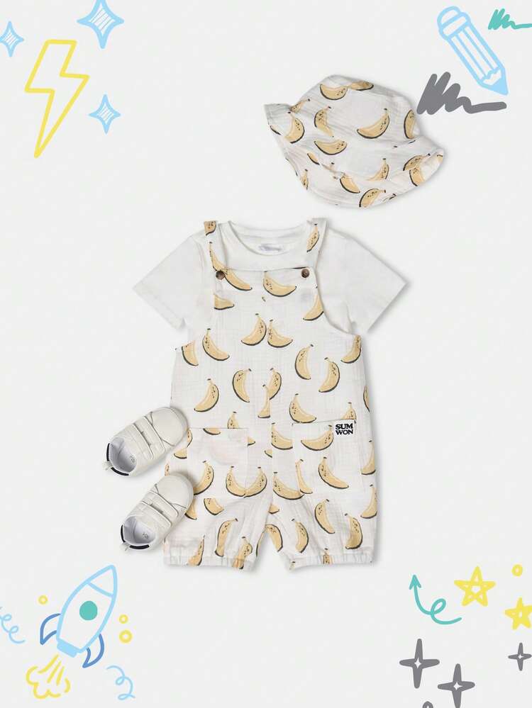 White T-Shirt With Banana Print Dungaree Set