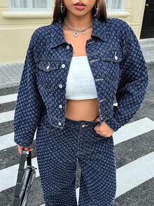 SHEIN ICON 秋冬大码女式钩针牛仔休闲夹克 - 深色水洗藍 - 查看 10