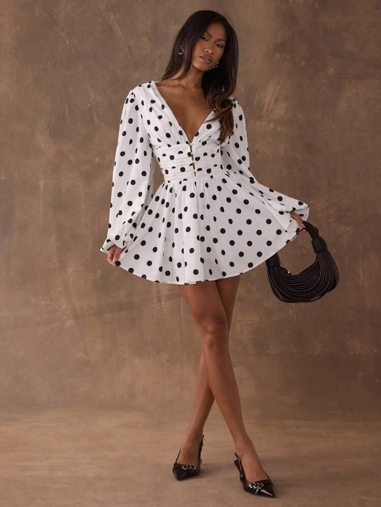 white polka dot dress long sleeve Georgia Dress w. Bow