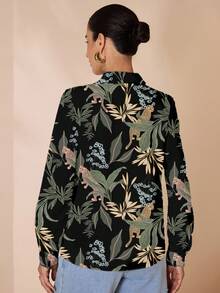 Glamance Joyce Ellen Black Floral Print Casual Elegant Modest Minimalist Women Long Sleeve Collared Shirt, Suitable For Daily, Work, Outing, Office, Travel, Teacher's Day, Bohemian, Autumn/Winter Leopard Print Blouse Tropical Print Blouse Women Print Blouse - Multicolor - View 2