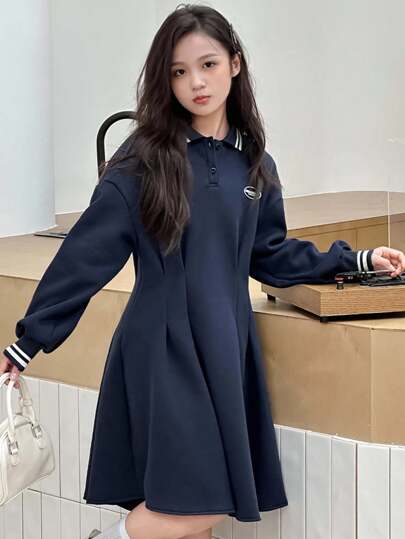 Dazy Kids 女童加厚 Polo 衫，休闲时尚学院风中长款束腰纯色连衣裙，秋季时尚街头风格
